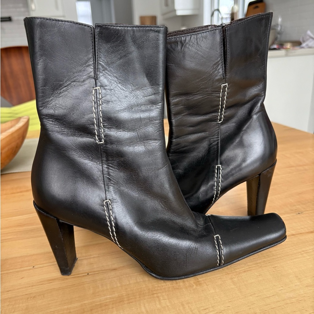 Vintage Bebe Black Leather Ankle Boots Topstitched Made in Italy 8